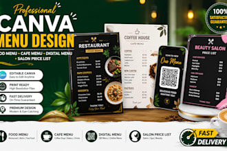 design canva food menu, cafe menu, digital menu and salon price list