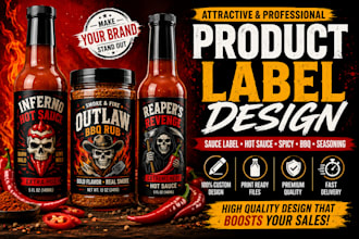 design attractive product label design, sauce label, spicy hot sauce label