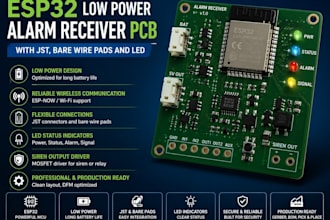 design esp32 low power alarm receiver pcb with jst, bare wire pads and led