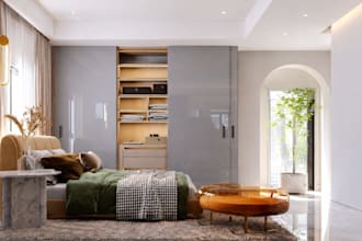 create bedroom layout design, bathroom walk in wardrobe 3d sketch up