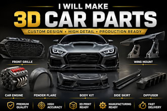 make 3d car front grille, wing mount, car engine, fender flare, create body kit