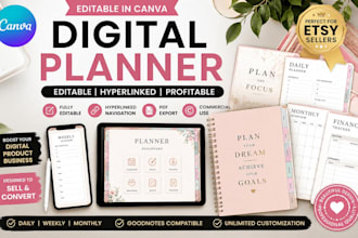 design editable canva digital planner, etsy planner, journal and workbook