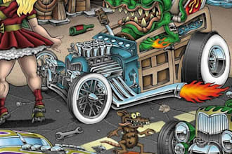 create custom kustom kulture hot rod cartoon scenes, monster car illustrations