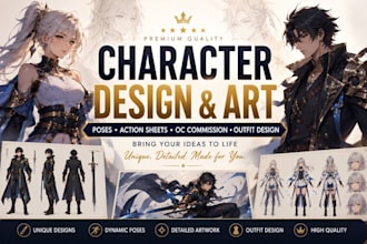 make character poses, action sheets, oc commission, character art, outfit design
