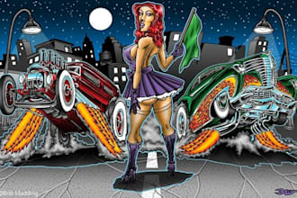 create full kustom kulture scenes hot rods, monsters, pin ups and rockabilly ar