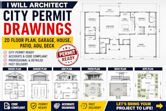 architect city permit drawings, 2d floor plan, garage, house, patio, adu, deck,