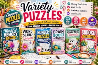 design kids,adult activity book,crossword, wordsearch puzzle,paperback kdp cover