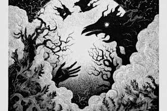draw detailed dark art with woodcut or linocut style