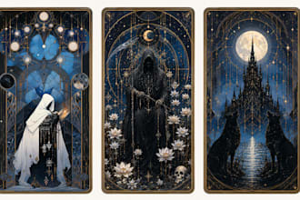 draw custom tarot card, oracle deck, zodiac and tcg illustration with box design