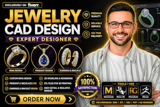 create custom jewelry cad design, render and 3d model for casting or 3d printing