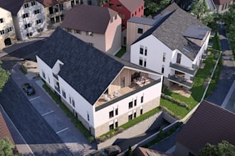 visualize residential building,urban street layout, townhouse exterior,landscape
