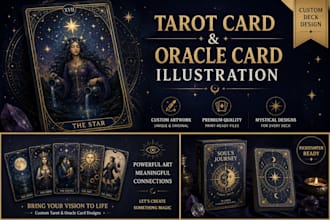 design custom tarot card illustration, oracle cards, card deck and box design