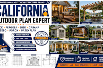 provide california deck, pergola, shed, cabana, gazebo, porch and patio plans