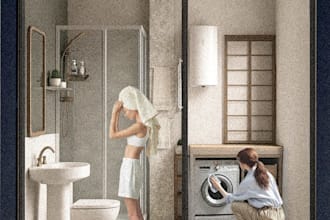 create an artistic interior design digital collage render
