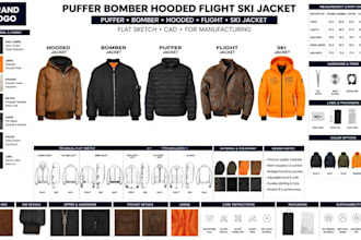 create puffer bomber hooded jacket tech pack clo3d flat sketch for manufacturing