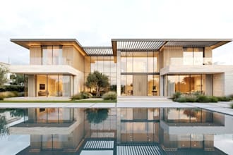 design 3d luxury villa exterior, mansion facade, balcony, courtyard, pool render