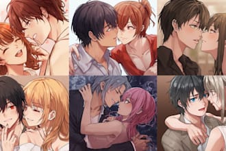 draw anime, bl, couple oc character illustration for you