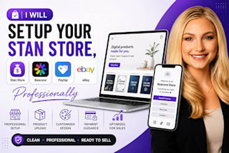 setup your stan store, beacons, payhip, whop, kofi, ebay store professionally,