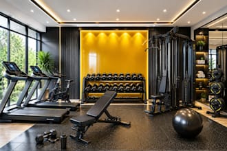 design a realistic 3d fitness studio with equipment, workout and reception zones