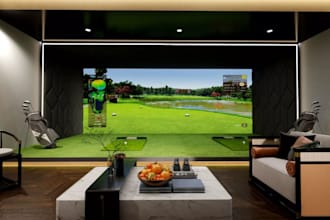 transmute 3d indoor golf simulator,virtual golf,green putt design,bar interior