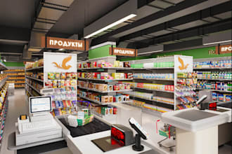 2d 3d supermarket design, retail store, food mart, shopping mall, bakery render