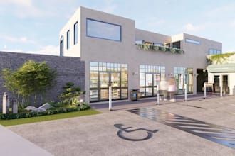 3dcommercial facade,strip mall design,restaurant interior,building cgi rendering