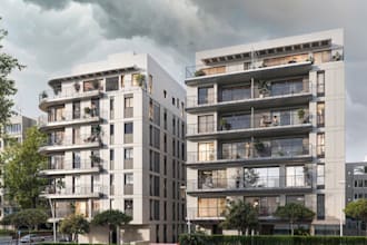 render modern identical buildings, commercial complex design, exterior visuals