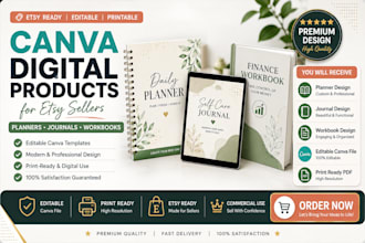 design canva planners, journals, workbooks and etsy digital products