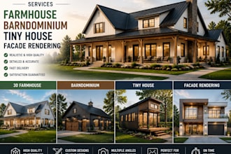 do 3d farmhouse, barndominium, tiny house, facade rendering