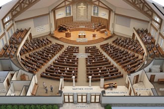 design 3d church floor plan, sanctuary, worship hall layout, seating and stage