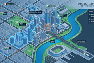 digital twin map illustration and smart city visualization, urban modern map