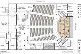 design modern church 2d floor plan with seating, stage and lighting layout