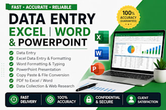 do professional data entry, excel, word, and powerpoint presentation work