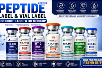 design peptide label, vial label, product label and 3d mockup