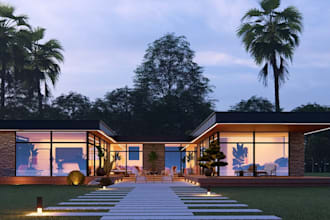 create modern house exterior, landscape design, bungalow design, outdoor living
