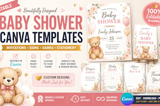 design editable baby shower invitation, welcome sign, games and canva template