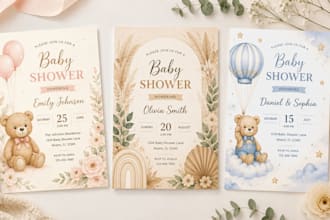 design editable baby shower invitation, welcome sign, games and canva template
