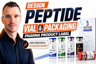 design peptide vial label, peptide packaging, pharma product label for startups