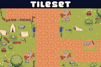draw pixel art tileset, top down pixel art tilemap, game assets for indie game