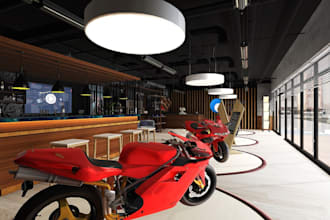 design a 3d bike showroom or motorcycle dealership with photorealistic rendering