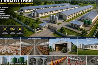 create realistic 3d poultry farm, chicken house, broiler layer and barn design