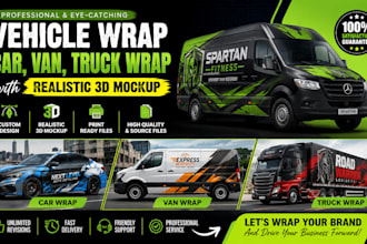 design car wrap, vehicle wrap, van wrap, truck wrap with realistic 3d mockup