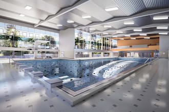 design realistic 3d aquatic center, swimming complex and sports facilities