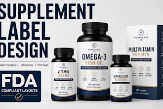 design product label, supplement label, amazon packaging design with 3d mockup