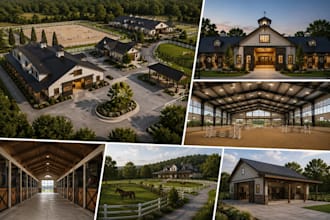 design 3d horse stable, riding arena, equestrian center and horse ranch