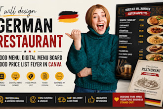design german restuarant digital menu board food price list flyer in canva
