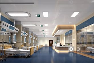 create realistic 3d hospital, clinic, pharmacy and healthcare interior design