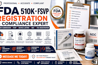 handle fda 510k submission, fsvp, device listing, ndc and compliance
