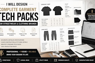 design complete garment tech packs for streetwear and clothing brands