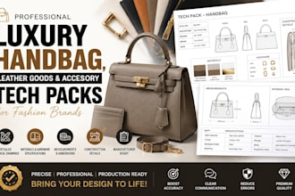 create luxury handbag, leather goods and accessory tech packs for fashion